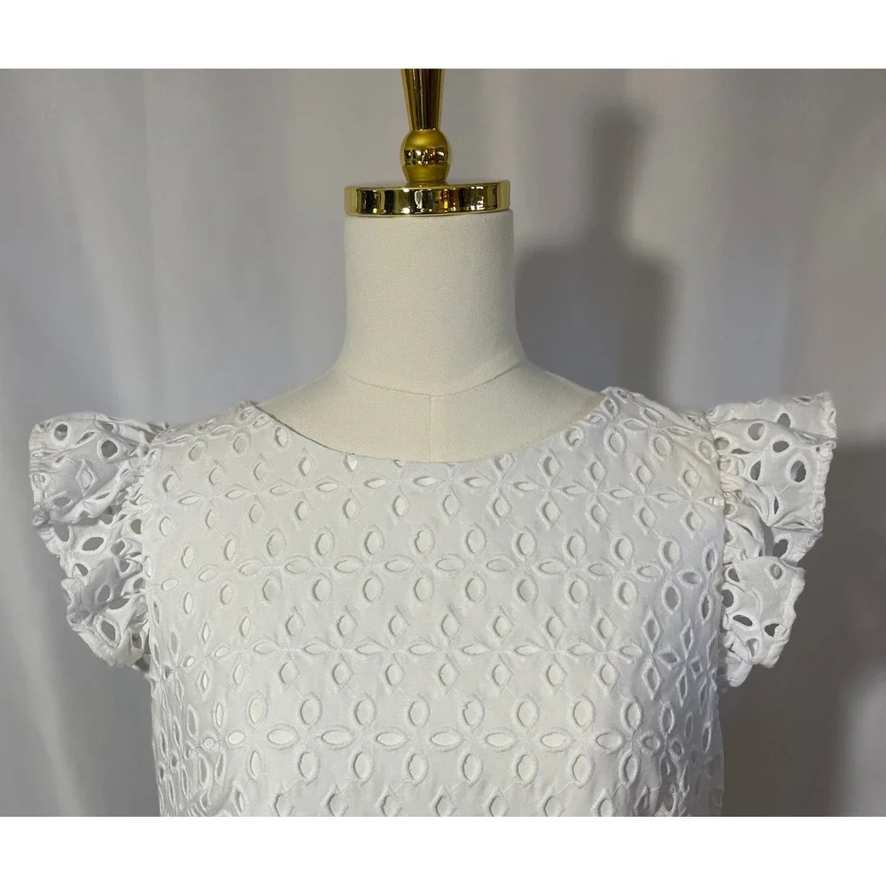 American Living White Eyelet Dress Women's Size 12 Ruffle Cap Sleeve Shift - Picture 8 of 15